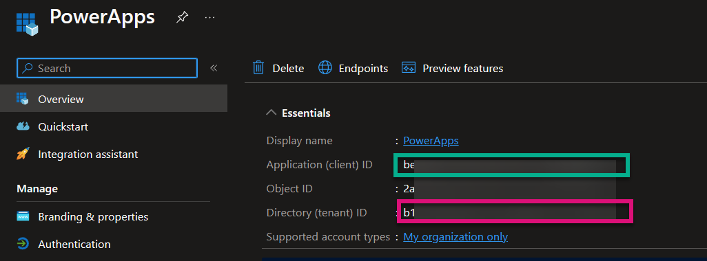 Image showing the values to fill in the Power Automate API