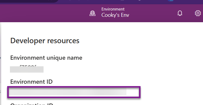 Image showing the Developer Information panel and the Environment ID