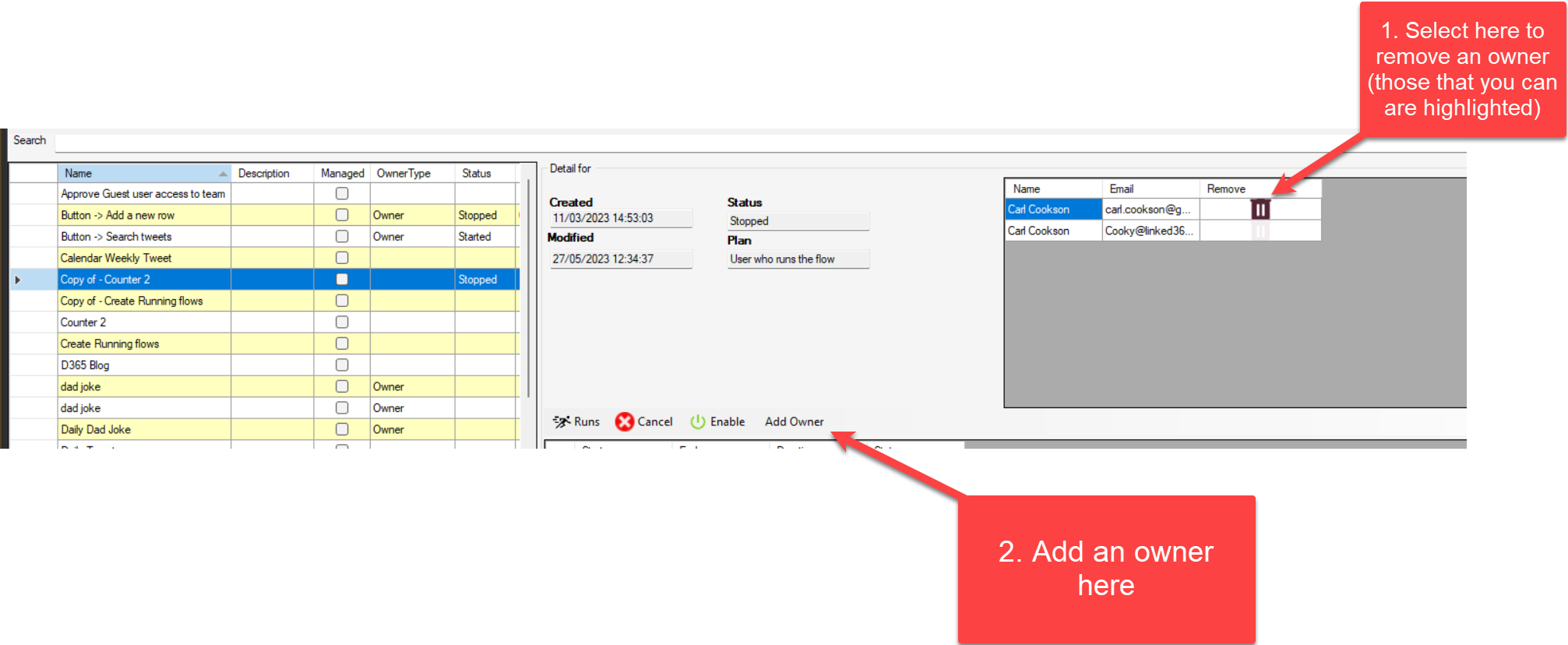 Image showing the options for the Flow Owner