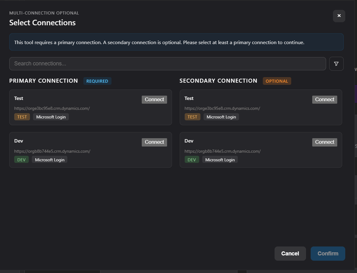 Image of the connection tab for Environment Manager
