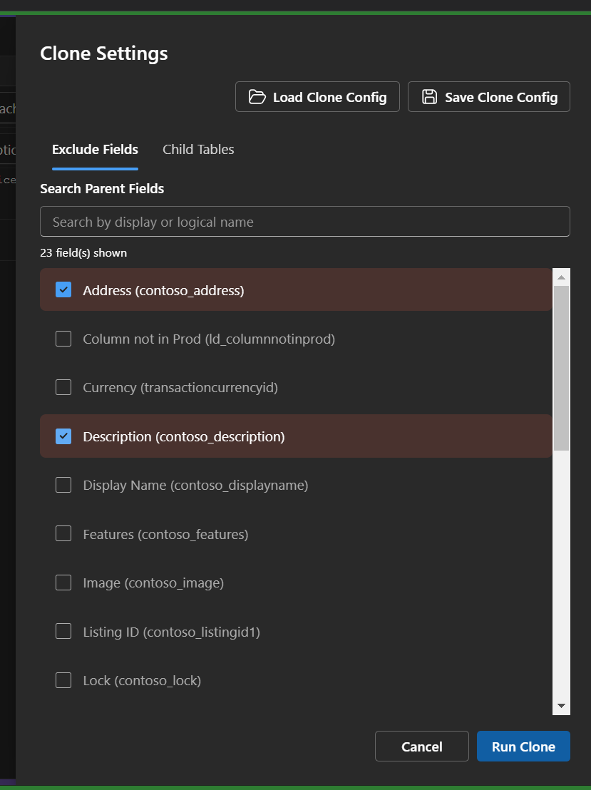 Image showing clone settings