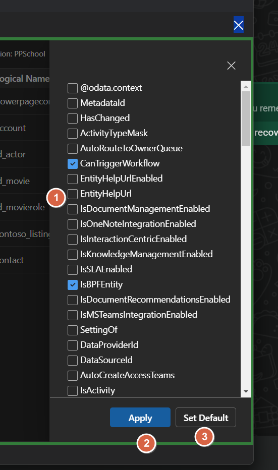 Image of the Metadata Browser Column selection