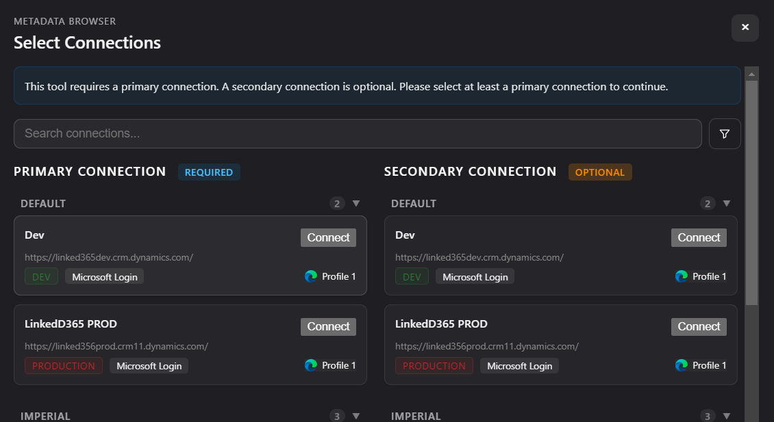 Image of the Metadata Browser - Multi-connect details