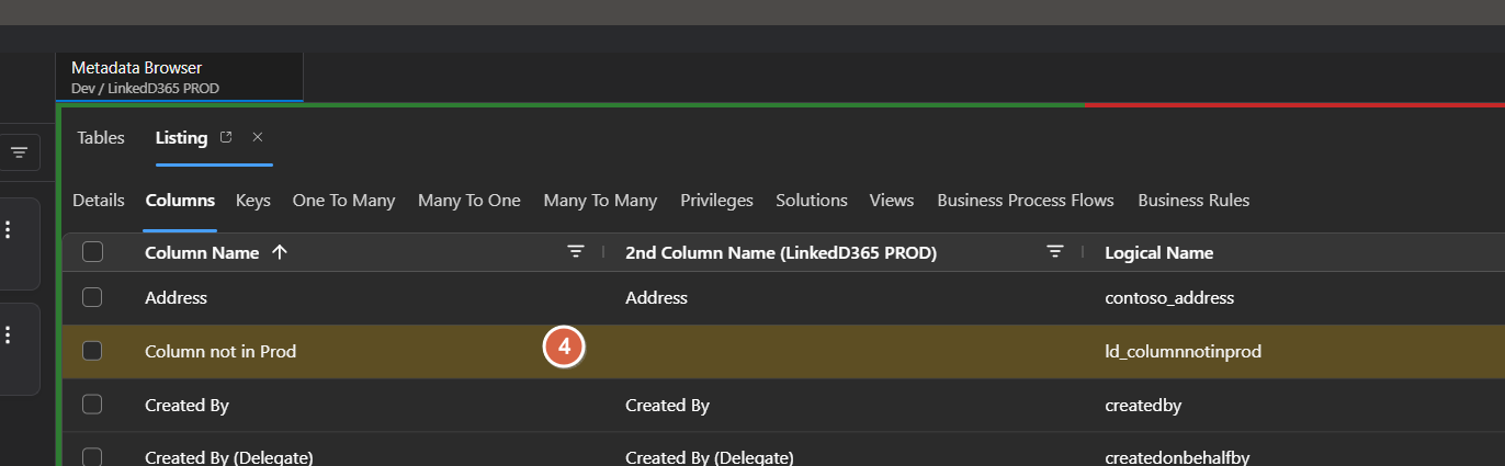 Image of the Metadata Browser - Compare tables