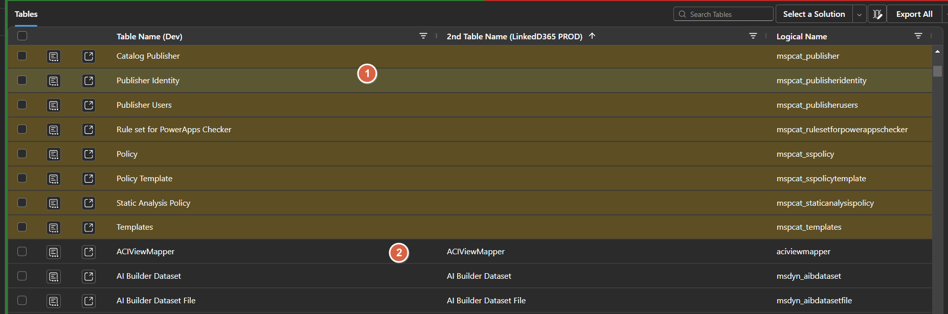 Image of the Metadata Browser - Compare tables