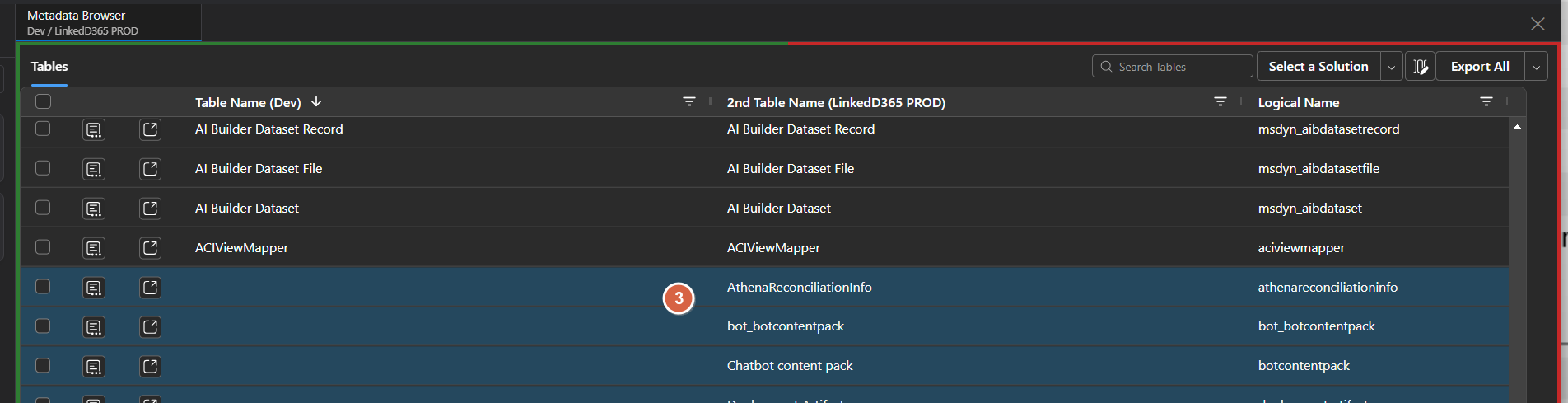 Image of the Metadata Browser - Compare tables